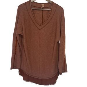 XCVI  Waffle-Knit Tunic Top Velvet Trim Womens Medium Rust V-Neck Lagenlook